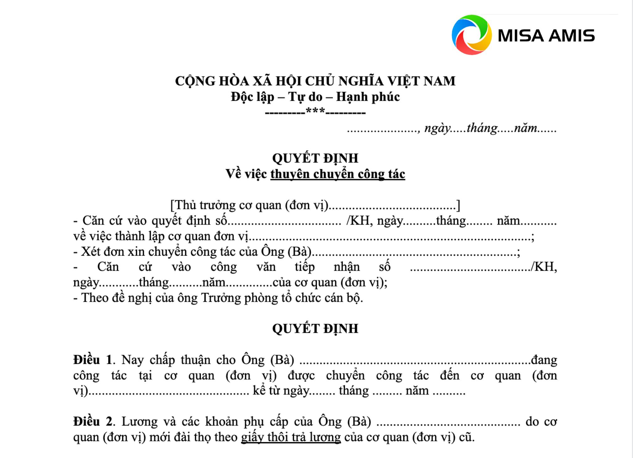 mẫu quyết định thuyên chuyển công tác