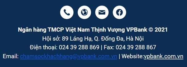 Chữ ký email của VPBank bao gồm tên công ty, địa chỉ, số điện thoại, fax, email, website và các liên kết mạng xã hội