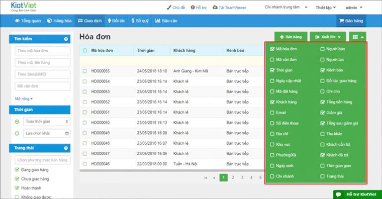 giao diện quản lý đơn hàng của Kiotviet