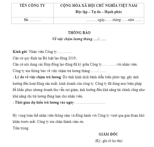 mẫu thông báo chậm lương