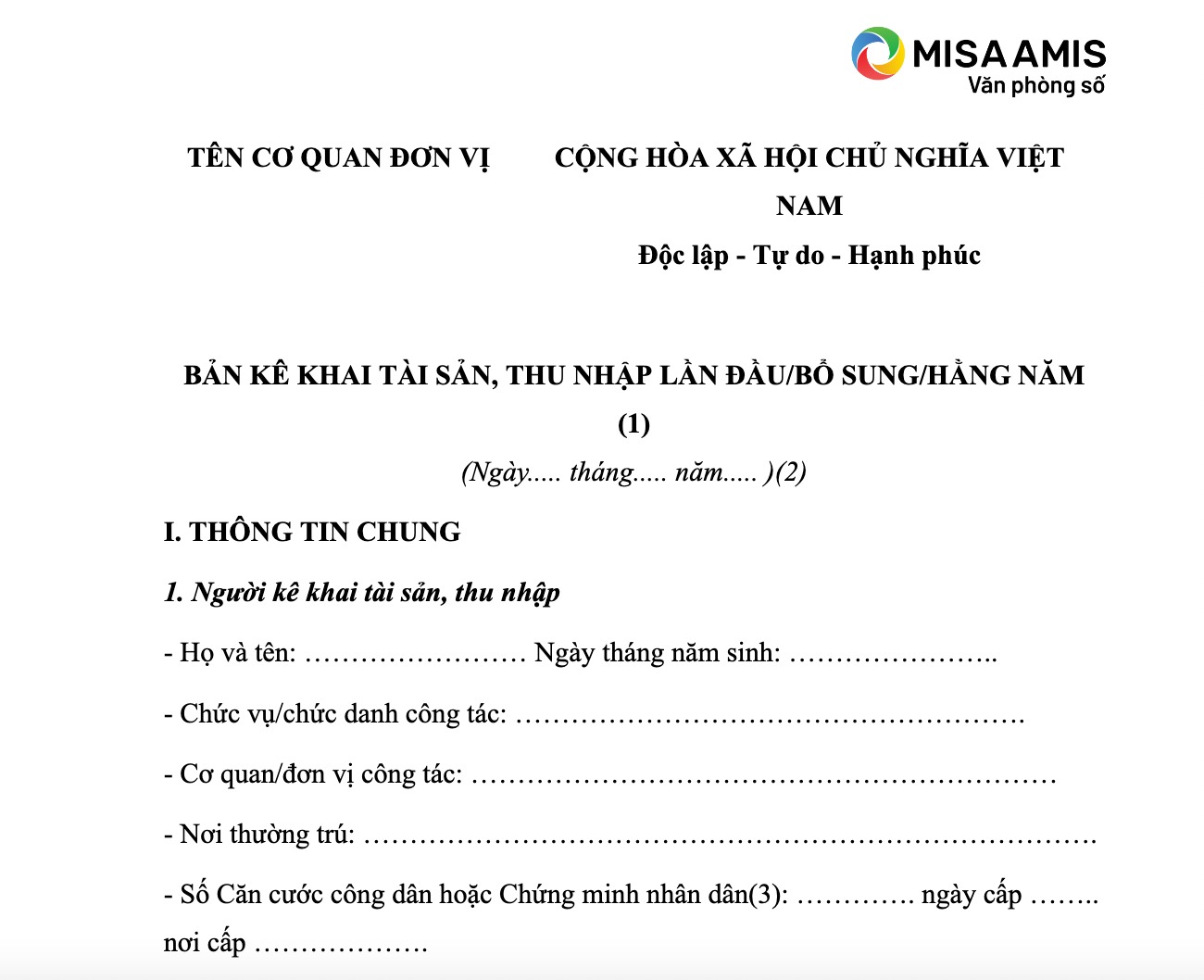 mẫu kê khai tài sản lần đầu