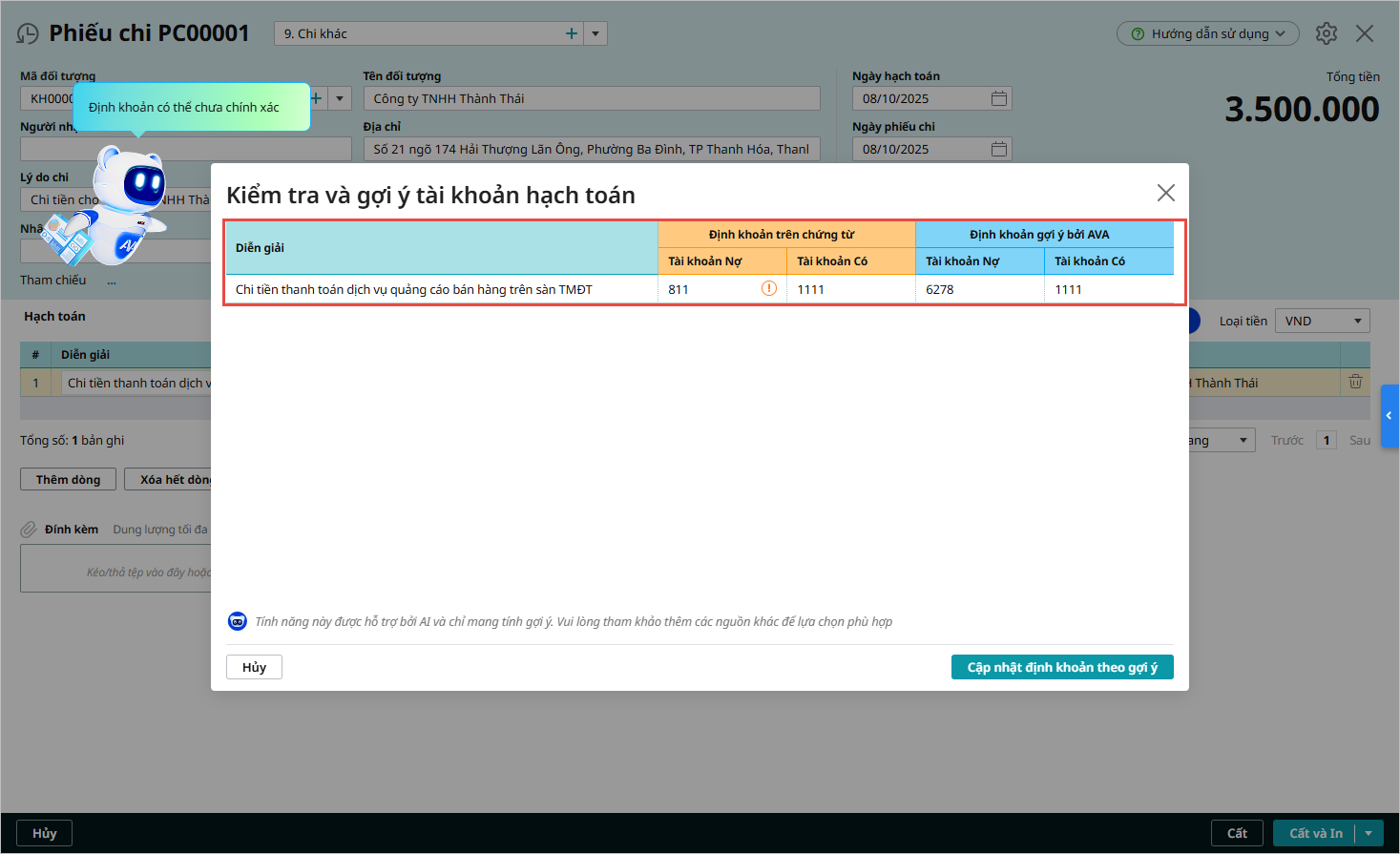 gợi ý hạch toán trên MISA AMIS kế toán