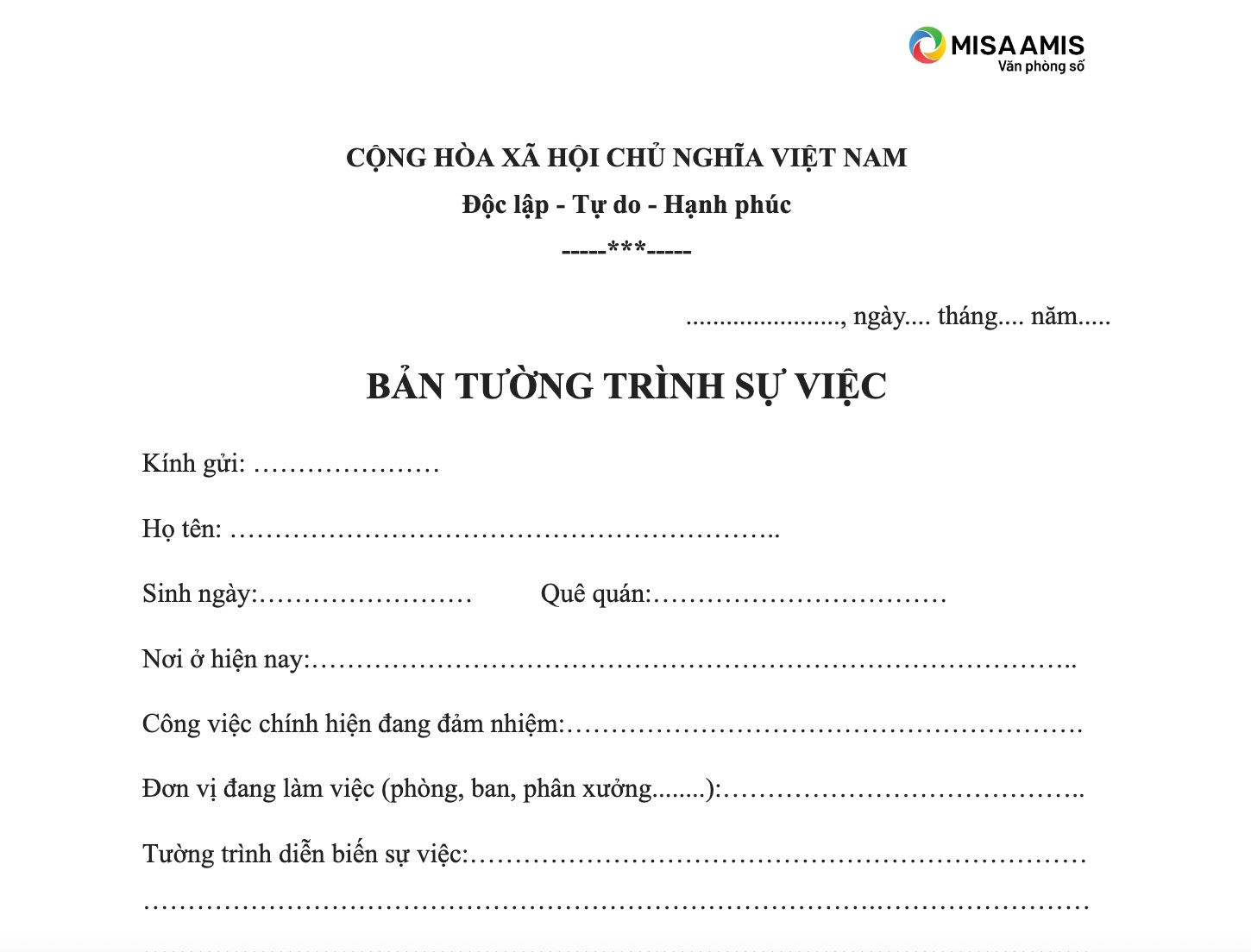 mẫu bản tường trình sự việc công ty