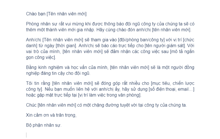 mau email gioi thieu nhan vien moi mau 2