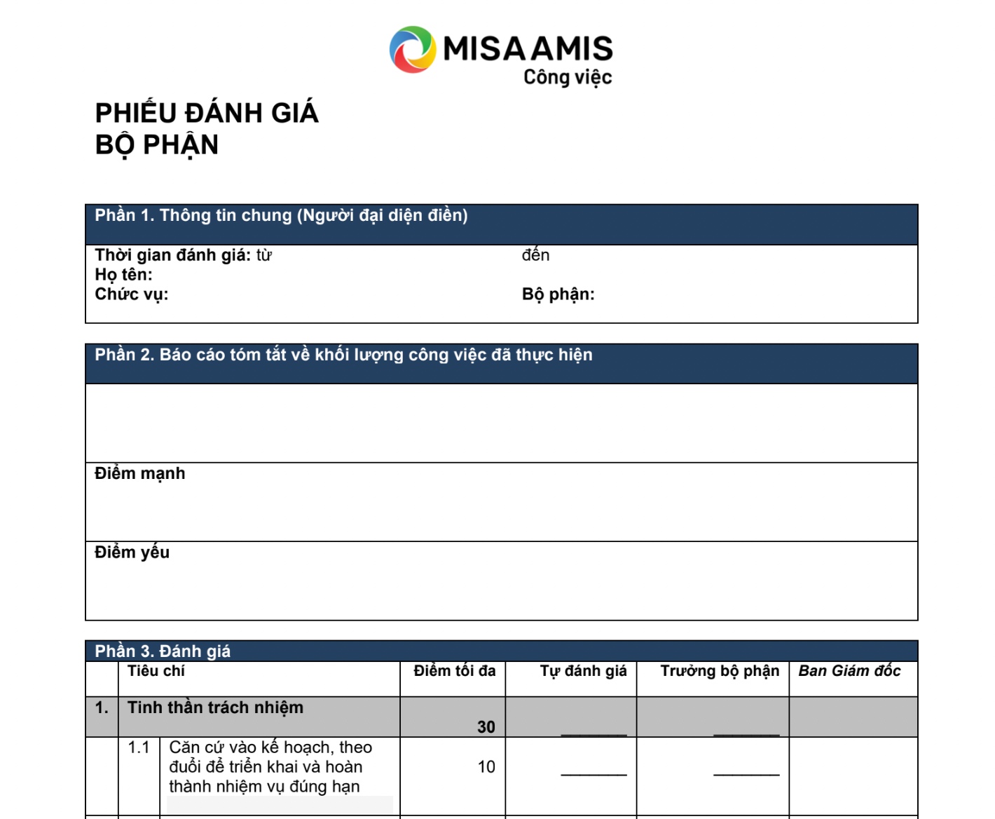 bảng đánh giá công việc của bộ phận