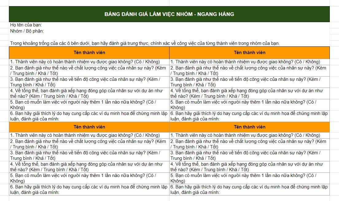 Bảng đánh giá làm việc nhóm - ngang hàng