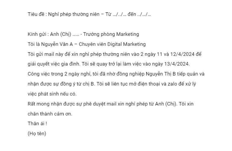 mẫu email xin nghỉ phép thường niên