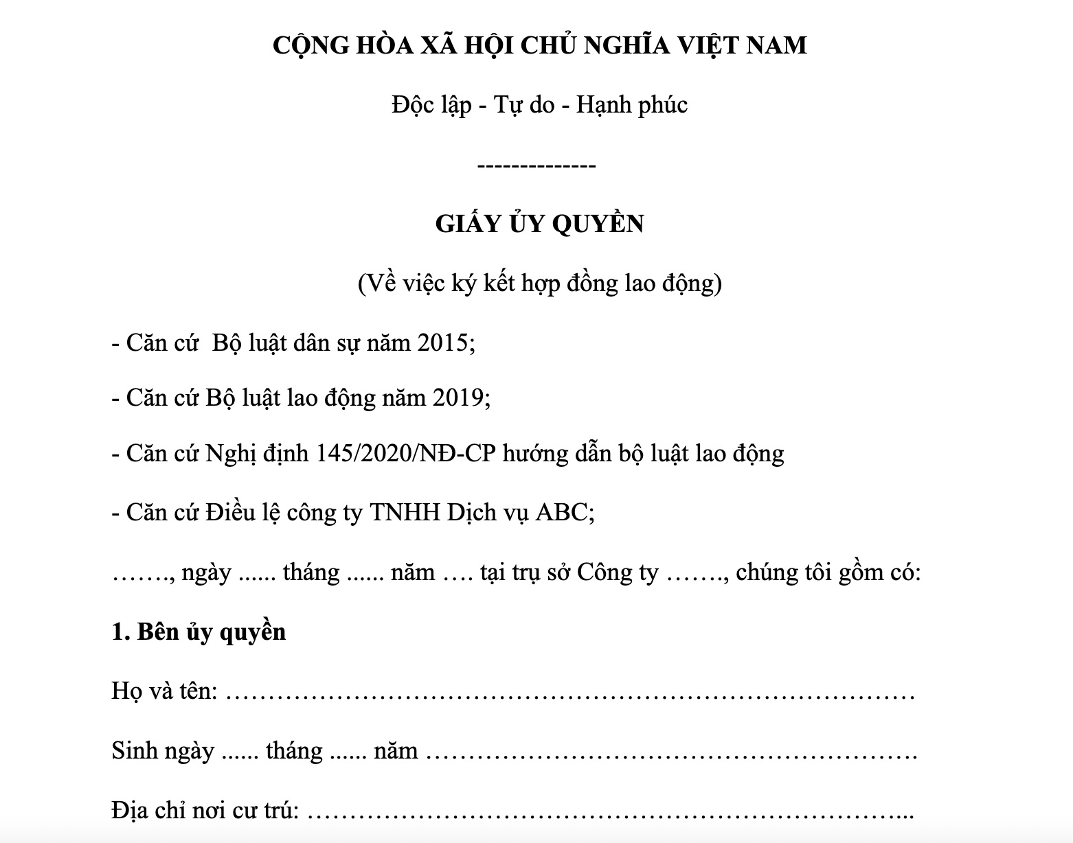 mẫu giấy ủy quyền ký kết hợp đồng