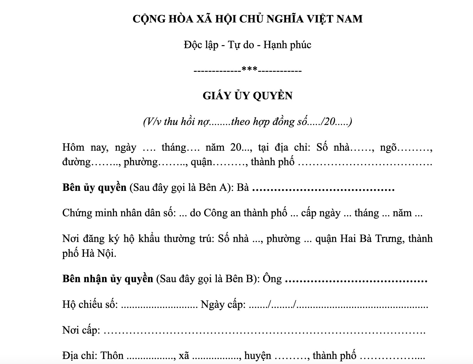 giấy ủy quyền thu hồi nợ