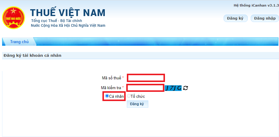 Nhập đầy đủ thông tin gồm mã số thuế và mã kiểm tra, sau đó chọn "Cá nhân" và nhấn "Đăng ký".