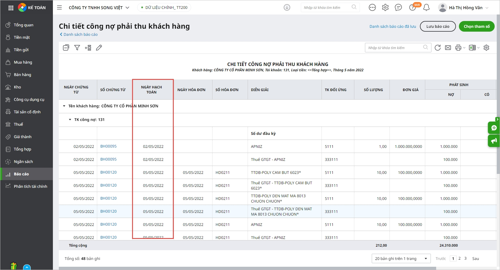 Tổng hợp chi tiết công nợ phải thu khách hàng theo hóa đơn