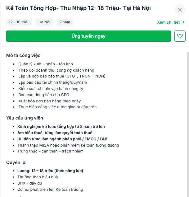 mô tả công việc kế toán tổng hợp