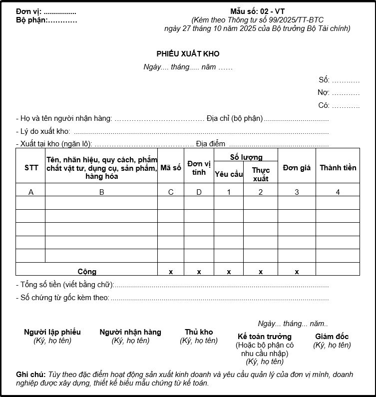Mẫu phiếu xuất kho theo thông tư 99