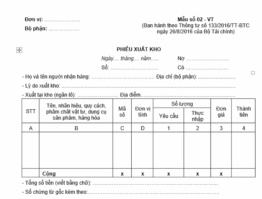 Mẫu phiếu xuất kho theo thông tư 133