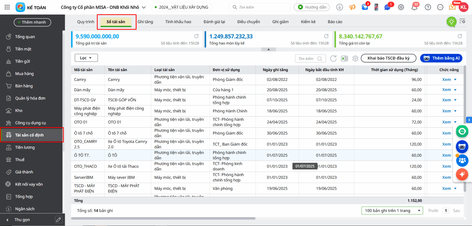 quản lý tài sản cố định trên phần mềm kế toán MISA AMIS