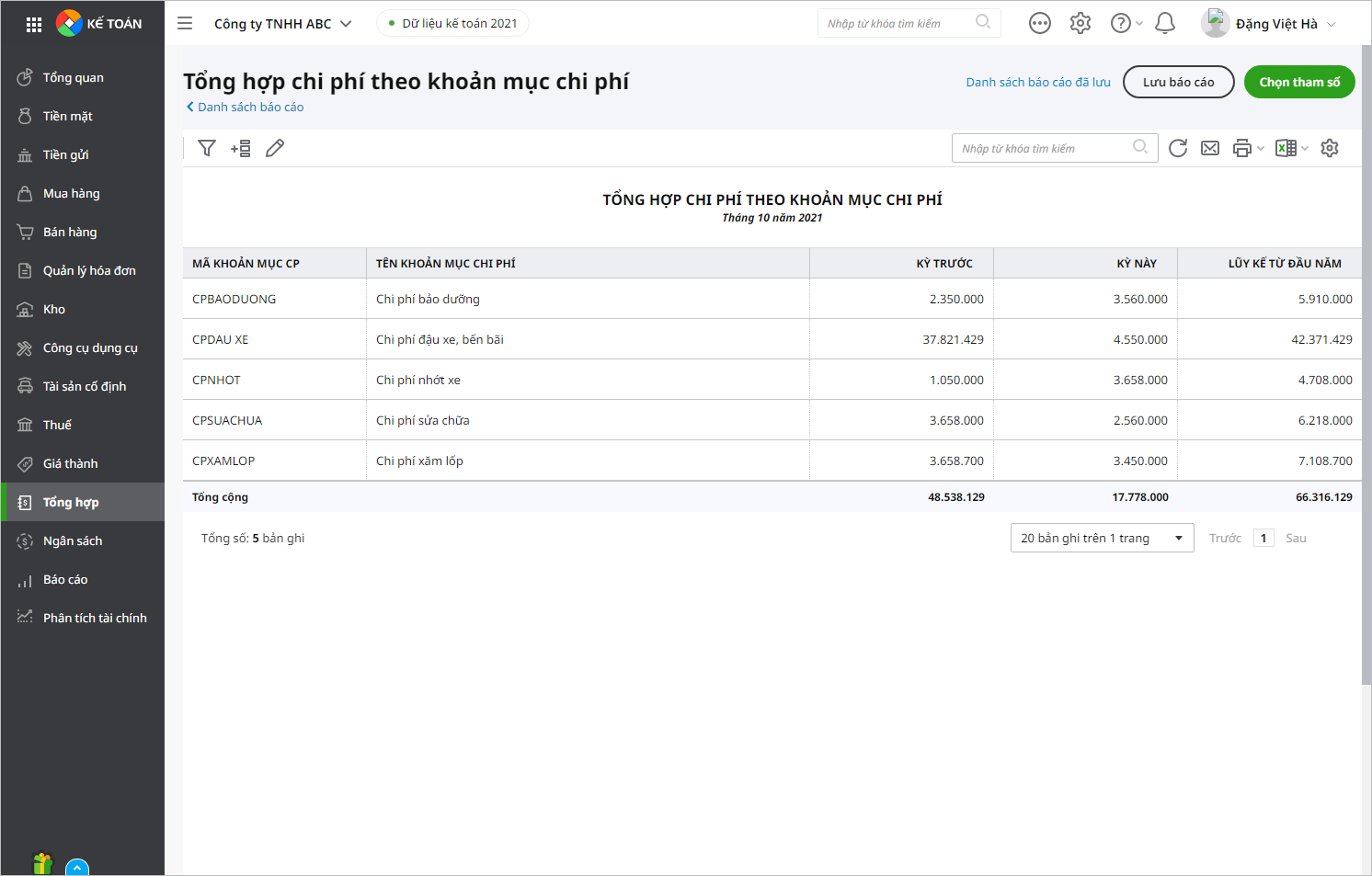Demo bảng tổng hợp chi phí theo từng khoản mục trên AMIS Kế Toán