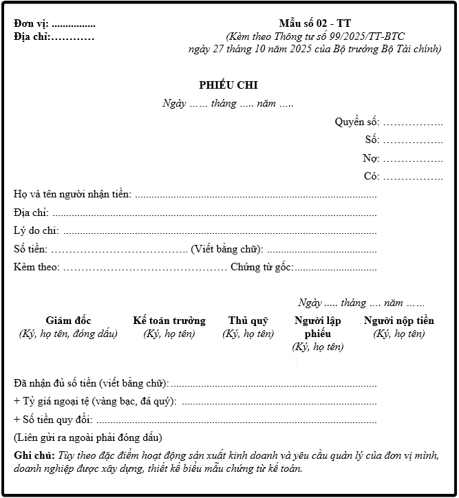 Mẫu phiếu chi theo Thông tư 99/2025/TT-BTC