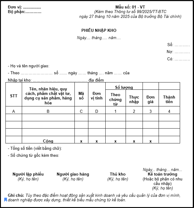 Mẫu phiếu nhập kho theo Thông tư 99/2025/TT-BTC
