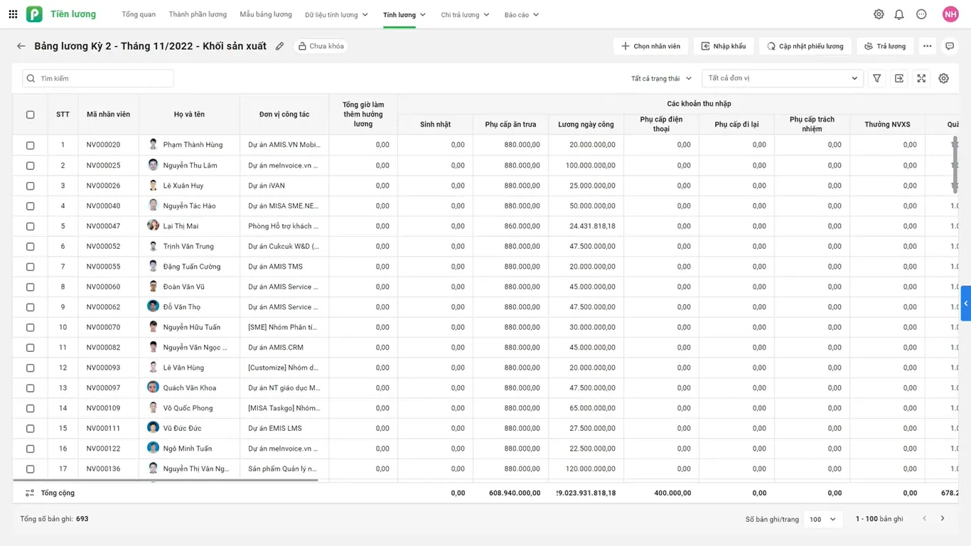 bảng thanh toán tiền lương