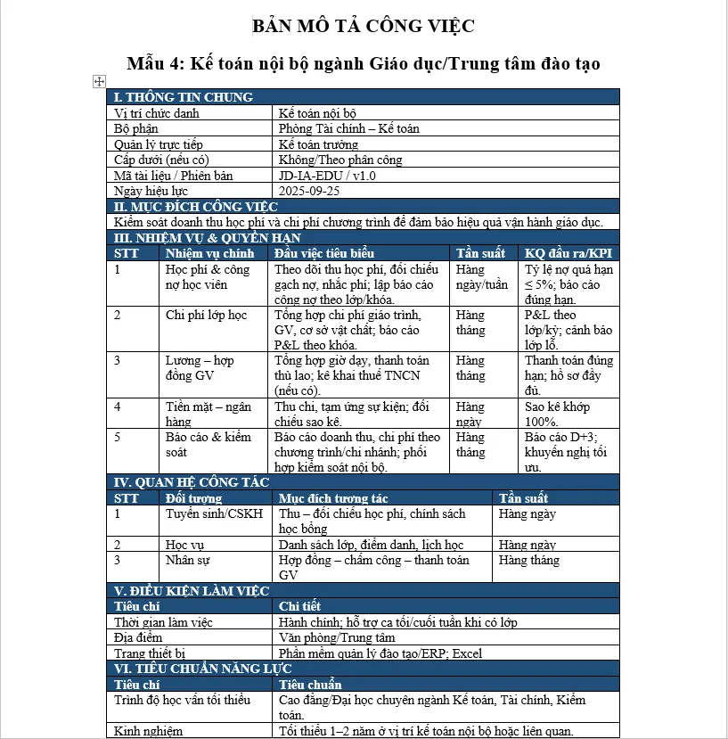 Mẫu mô tả công việc của kế toán nội bộ lĩnh vực Giáo dục