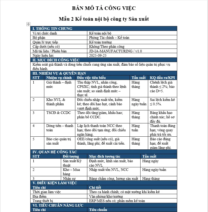 Mẫu bản mô tả công việc của kế toán nội bộ ngành sản xuất
