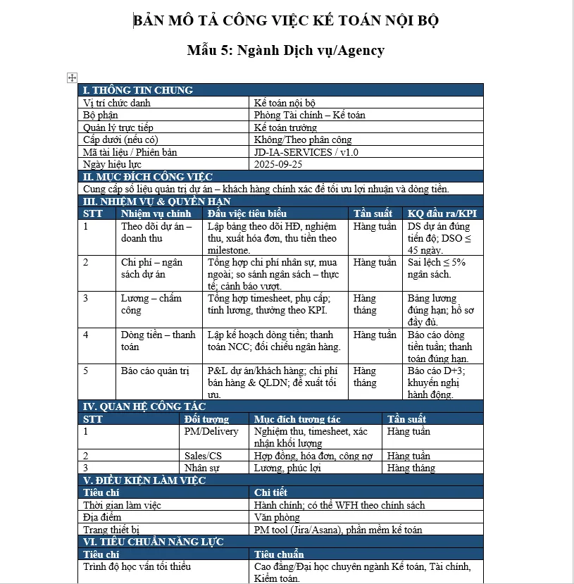 Bản mô tả công việc của kế toán nội bộ ngành dịch vụ