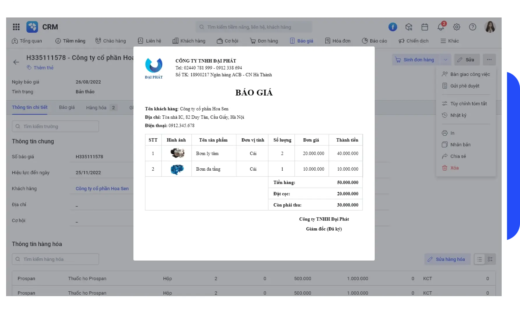 Giao diện báo giá được tích hợp trong phần mềm AMIS CRM