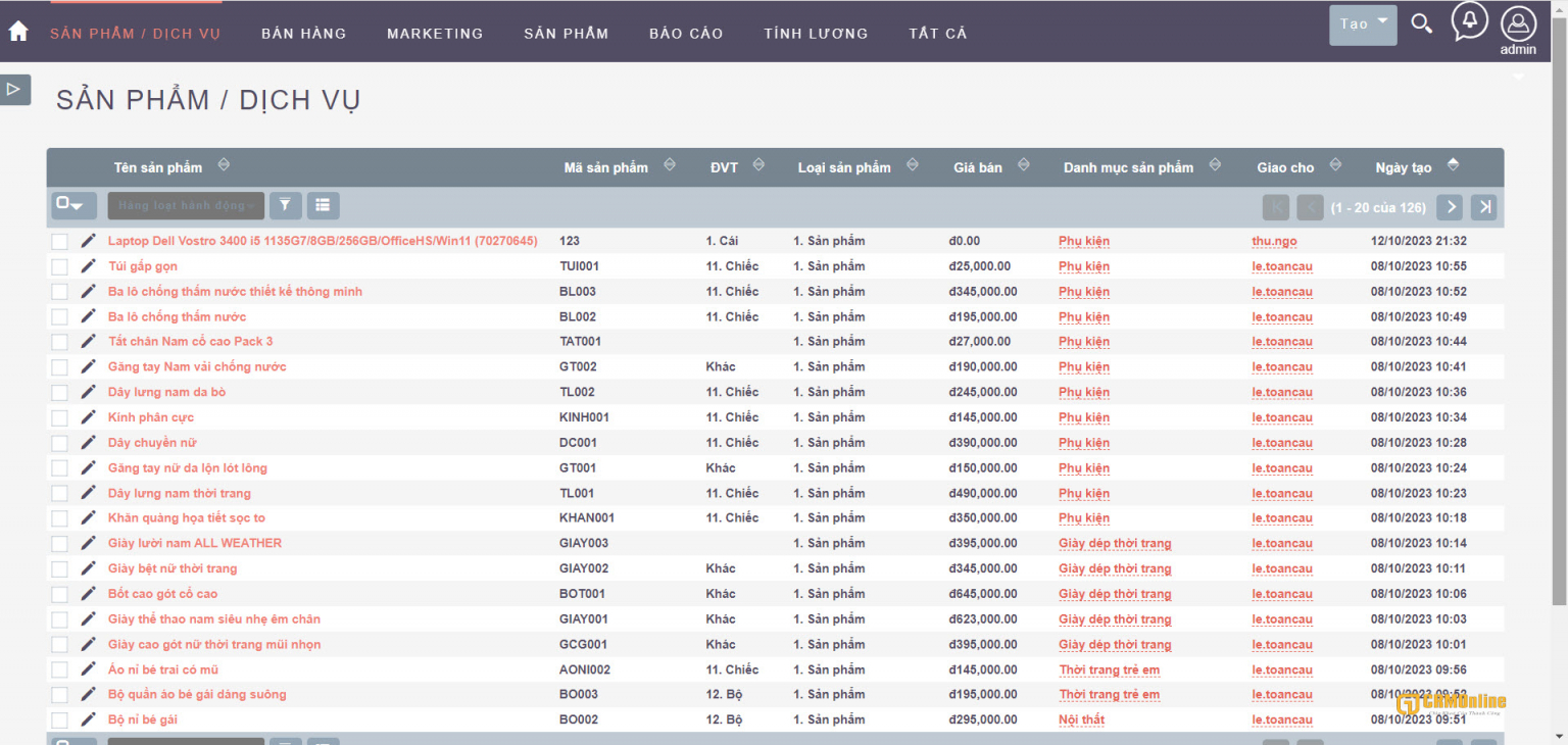 Giao diện báo giá của phần mềm CRM Online