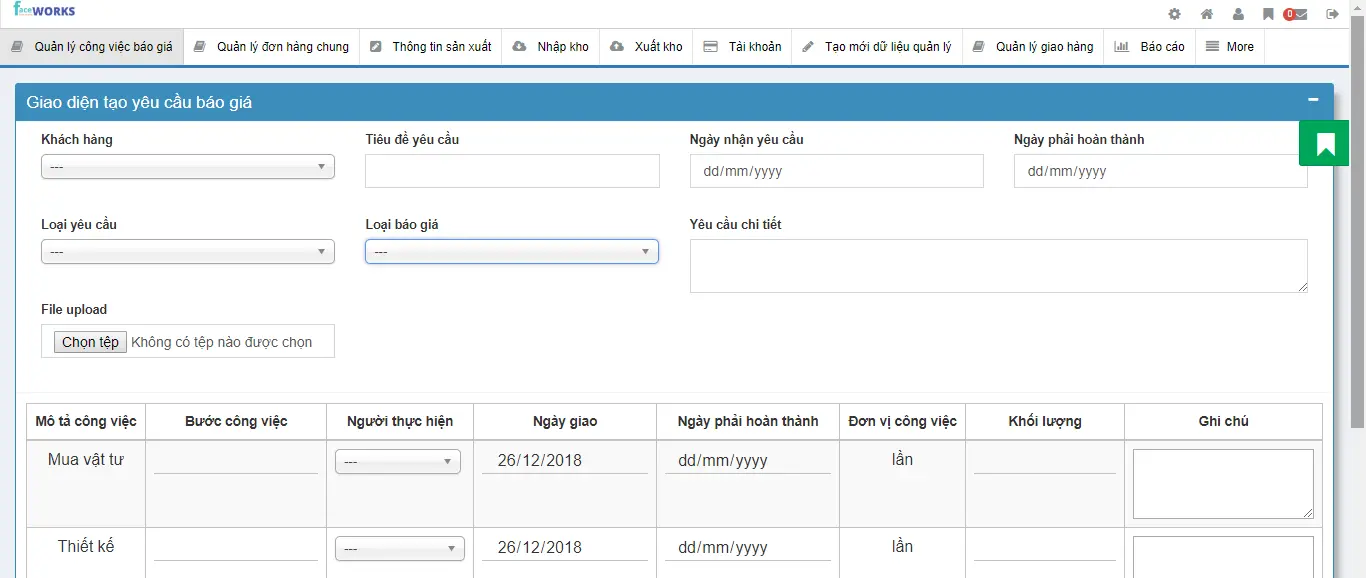 Giao diện báo giá của Faceworks