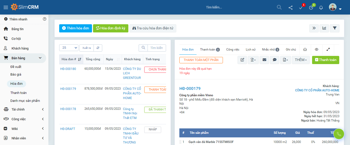 Giao diện báo giá của Slim CRM