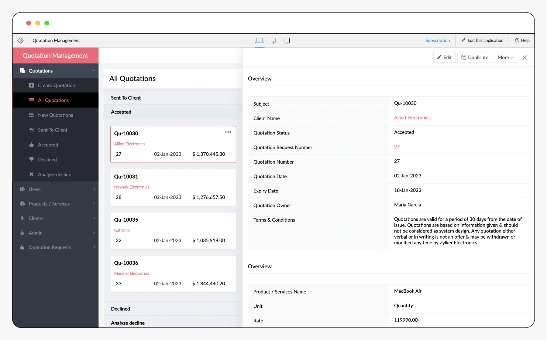 Giao diện báo giá của phần mềm Zoho