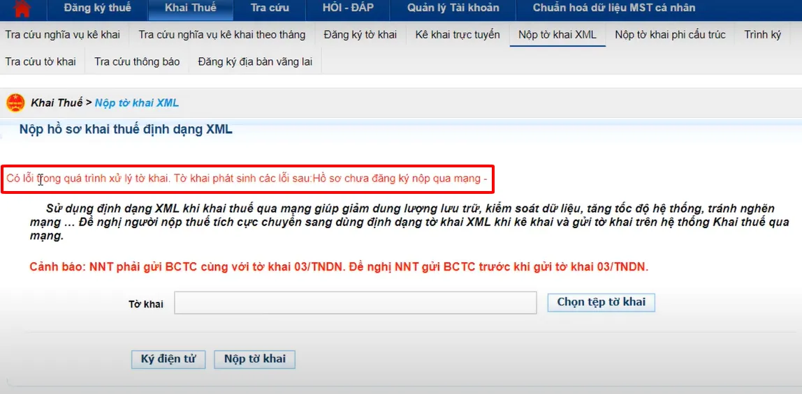 Lỗi - chưa đăng ký nộp tờ khai thuế