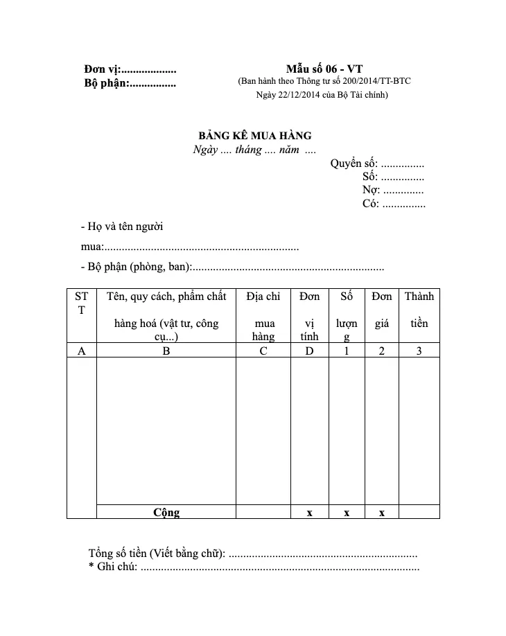 Tải ngay mẫu Bảng kê mua hàng nông sản mới nhất 2025