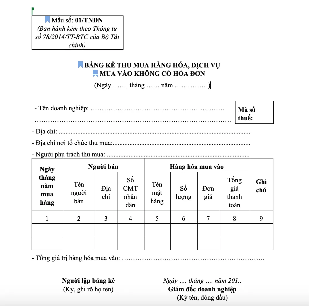 Mẫu bảng kê mua hàng hóa, dịch vụ mua vào không có hóa đơn
