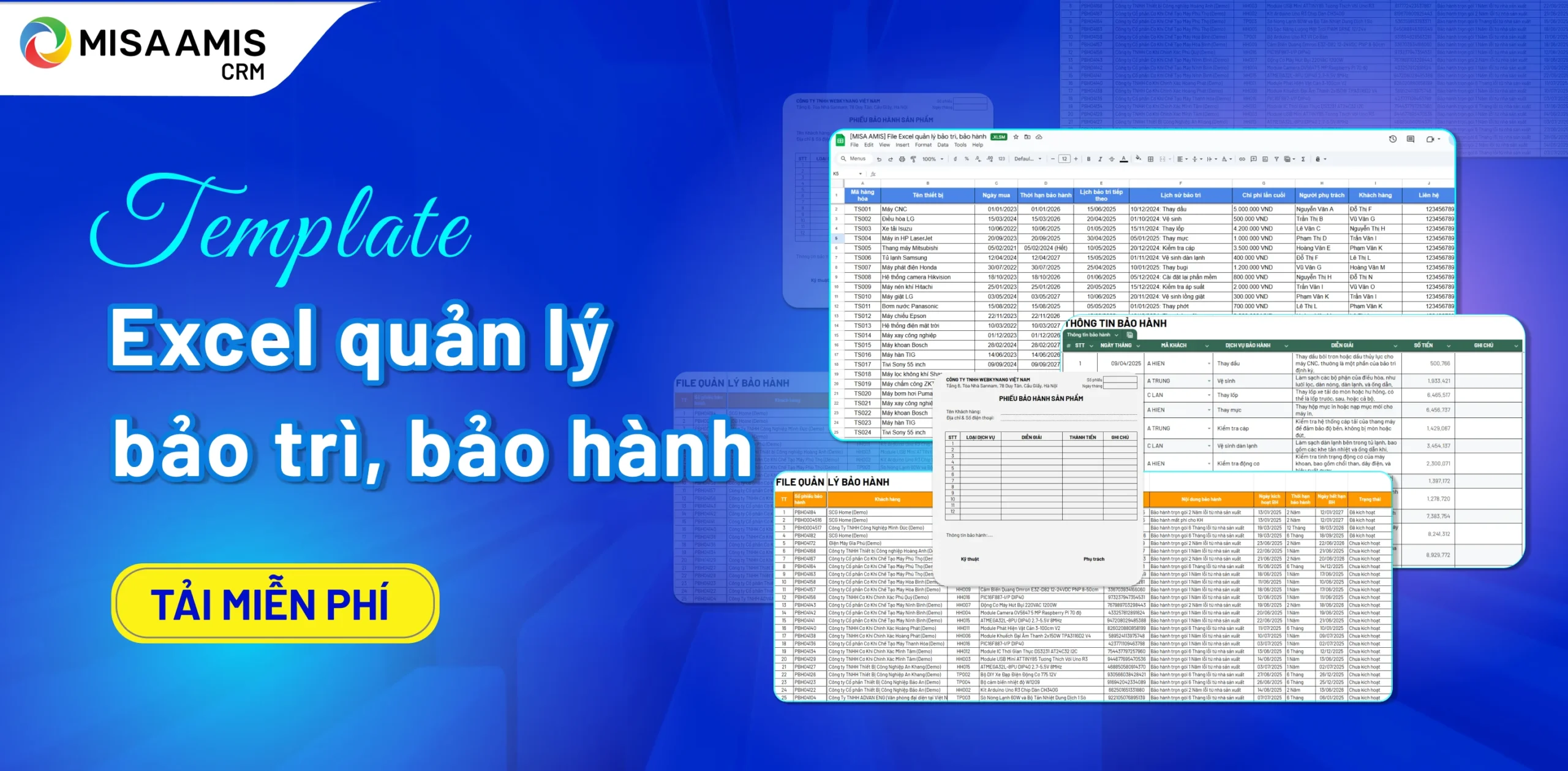 Template excel quản lý bảo trì, bảo hành