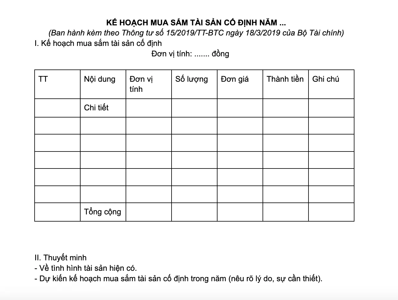 Mẫu kế hoạch mua sắm tài sản cố định