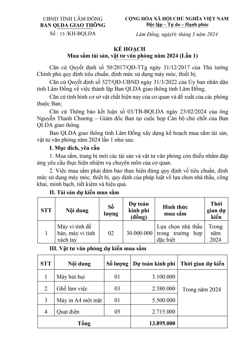 Mẫu kế hoạch mua sắm tài sản vật tư văn phòng