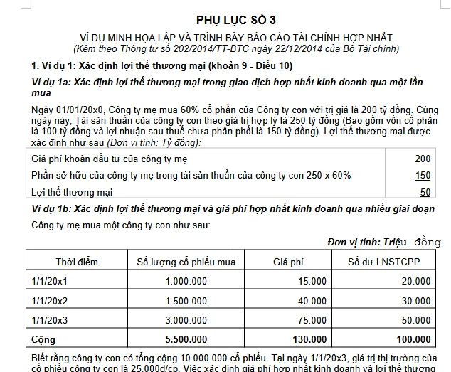 minh họa ví dụ lập báo cáo tài chính hợp nhất