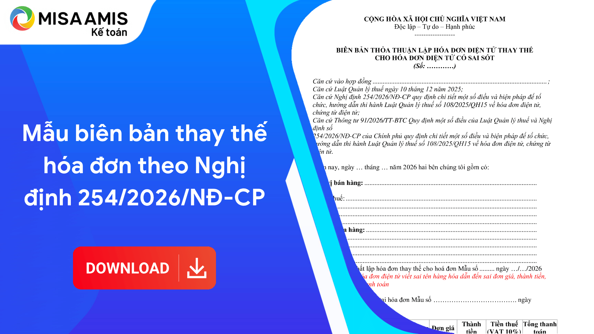 Mẫu biên bản thay thế hóa đơn theo Nghị định 254/2026/NĐ-CP