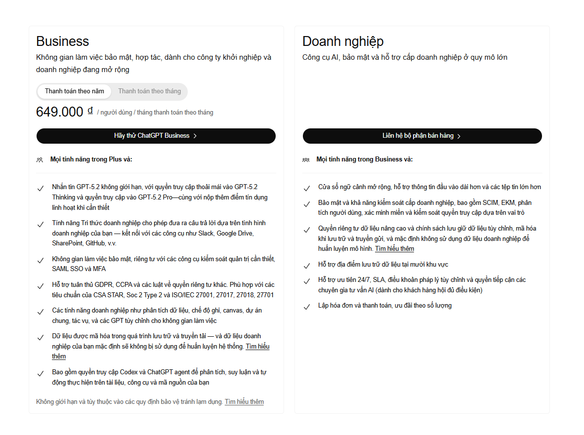 Bảng giá ChatGPT cho doanh nghiệp trên website ChatGPT