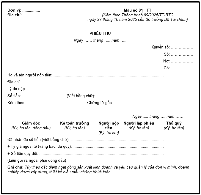 Mẫu phiếu thu theo Thông tư 99/2025/TT-BTC