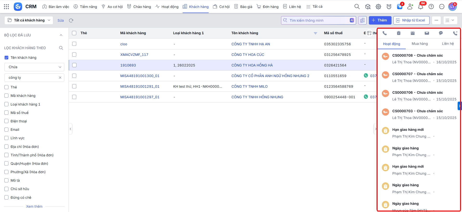 Lịch sử hoạt động chăm sóc khách hàng