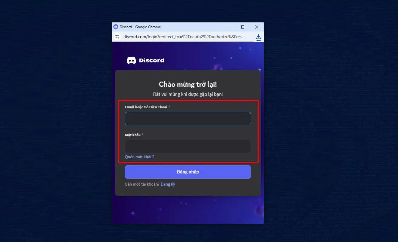 Bạn sẽ được chuyển hướng đến Discord để đăng nhập