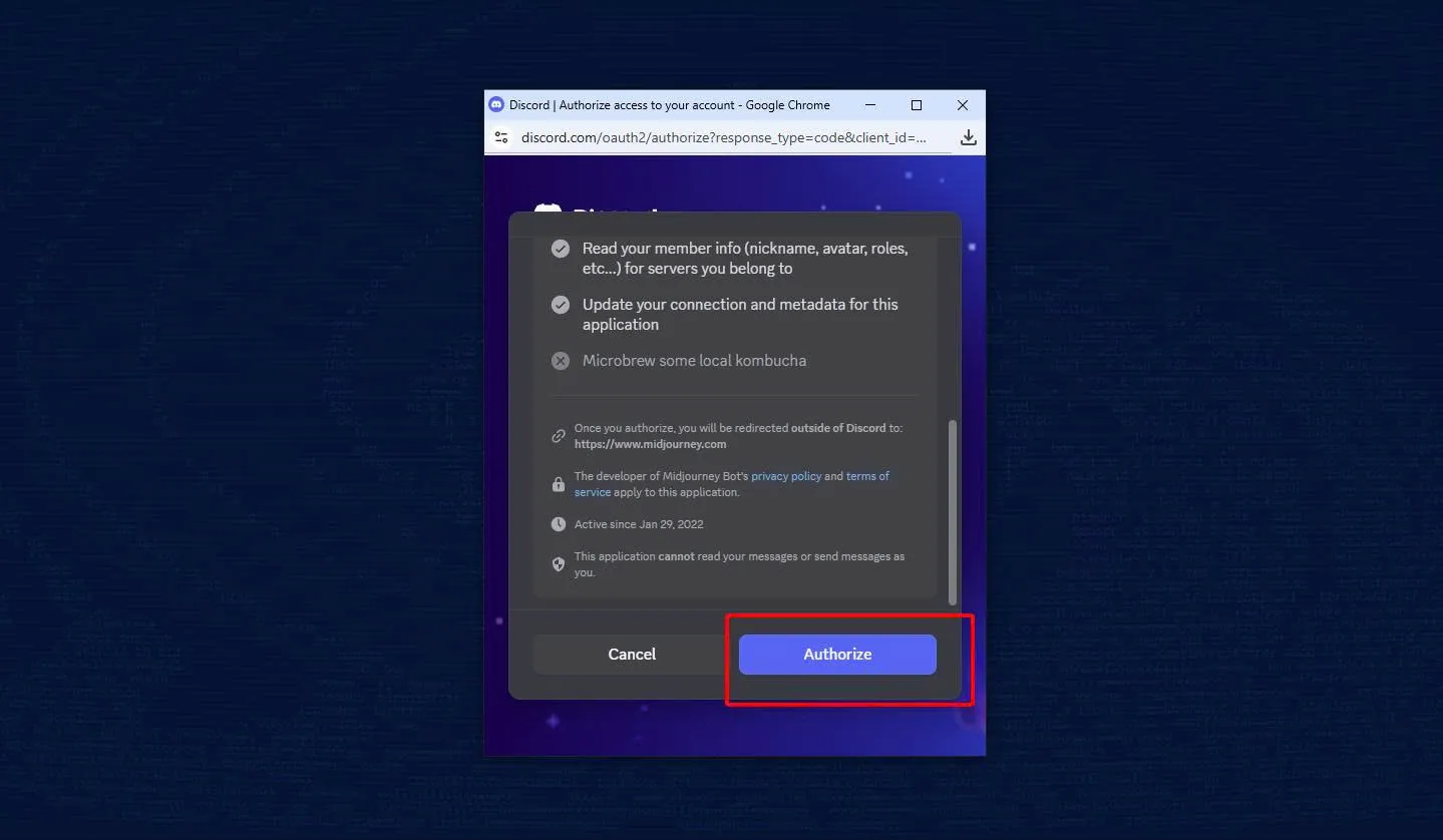 Bạn cần cấp quyền truy cập cho Midjourney Bot