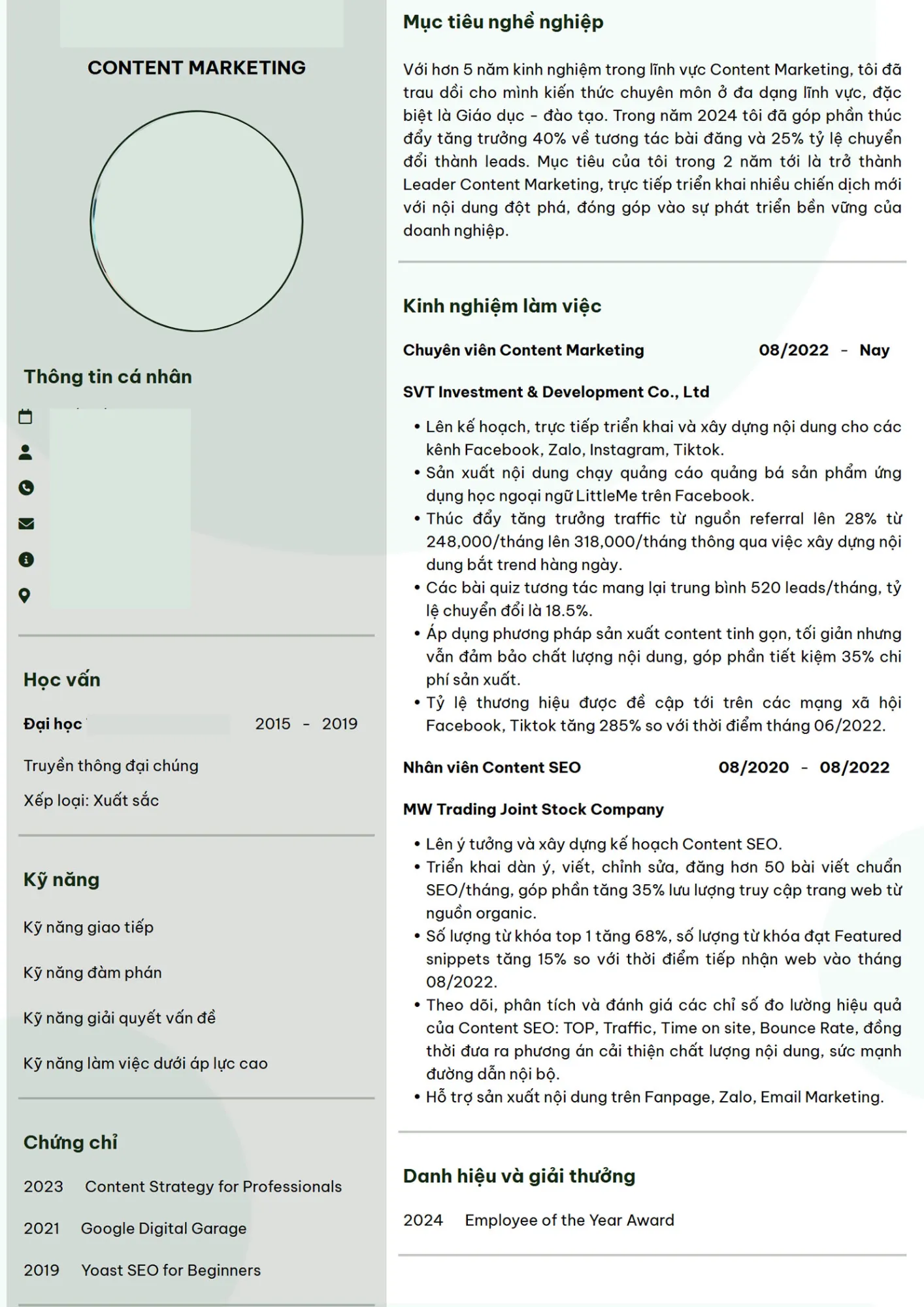 Mẫu CV Content Marketing 