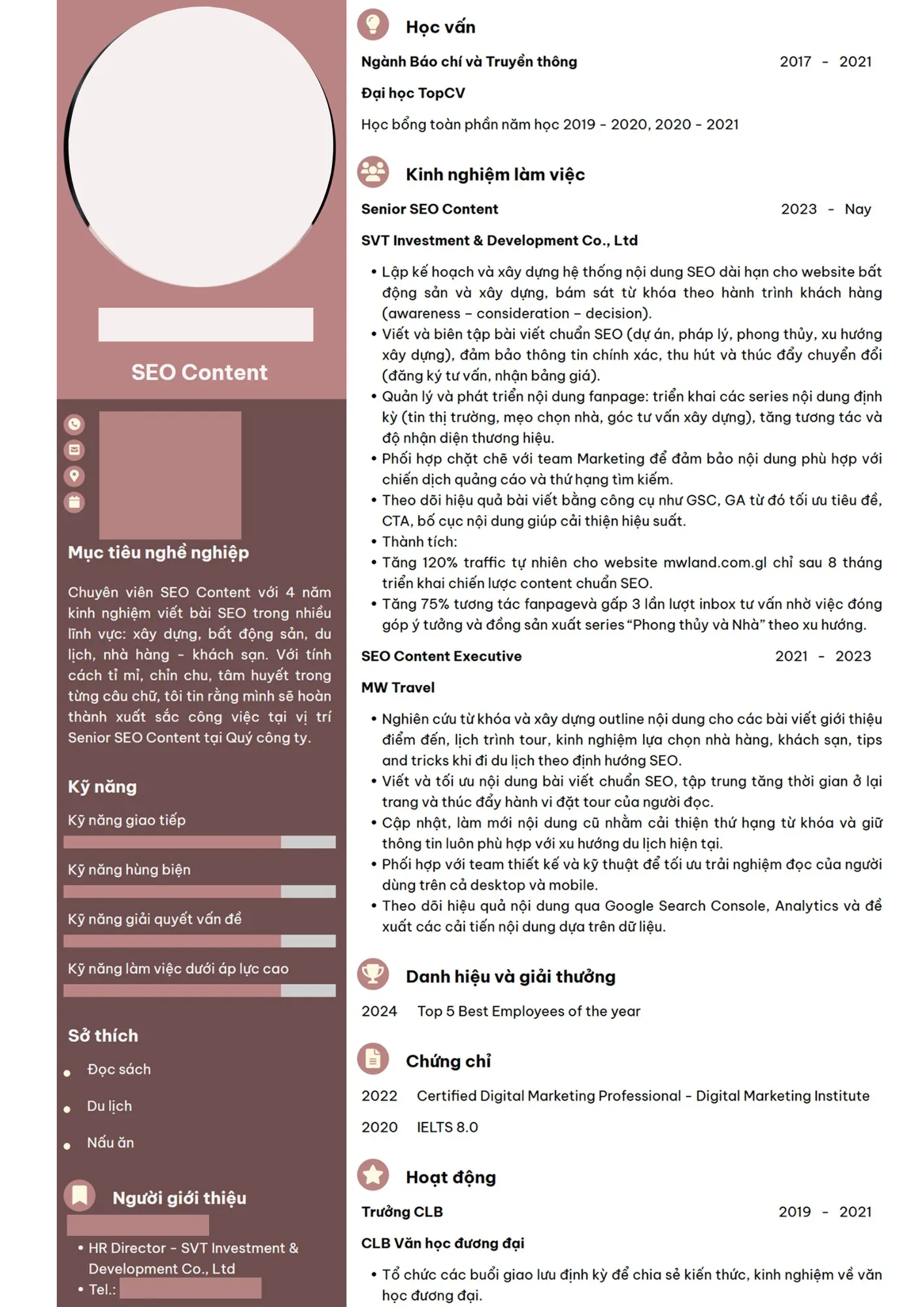 Mẫu CV Marketing Chuyên viên SEO