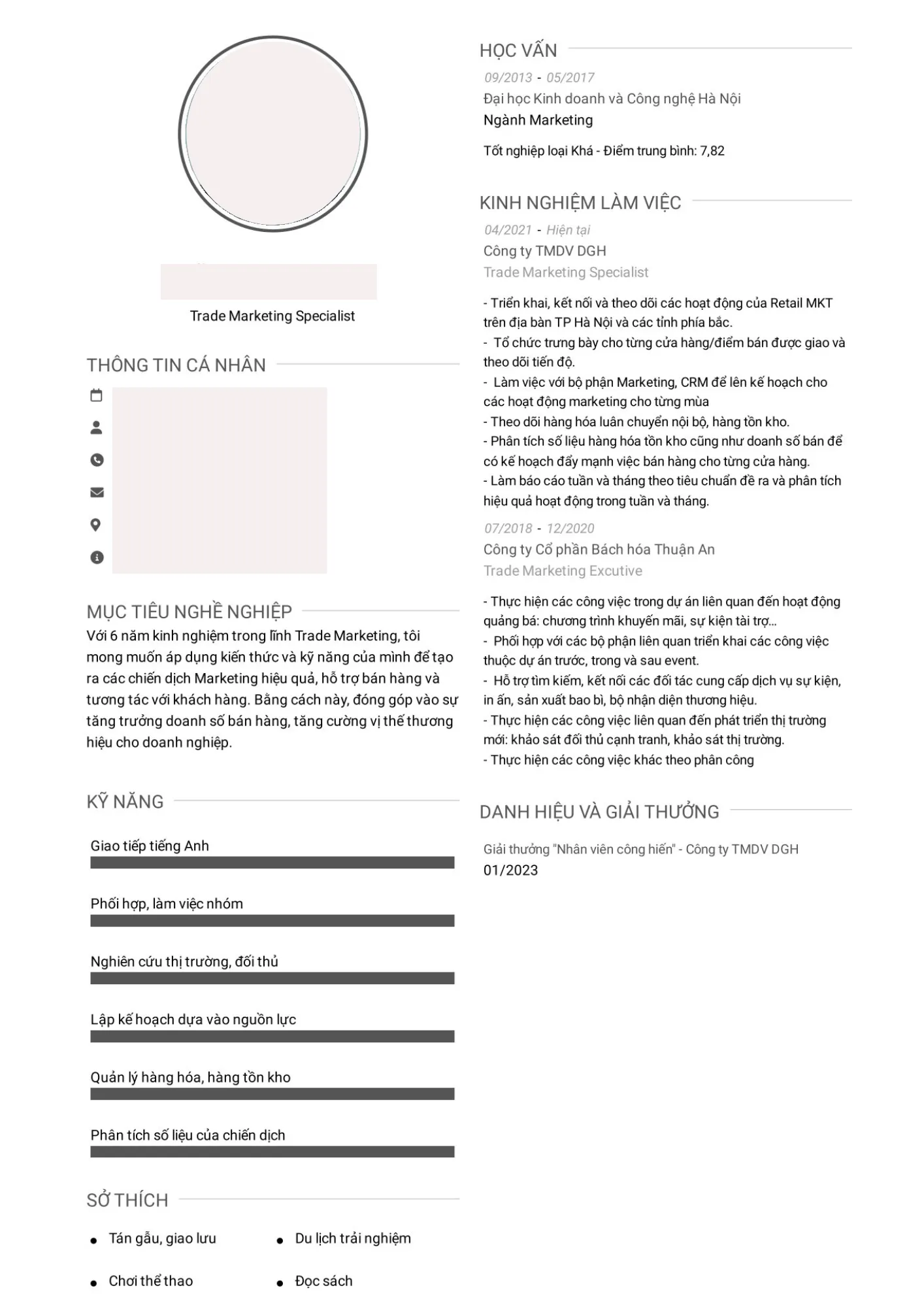 Mẫu CV Trade Marketing 