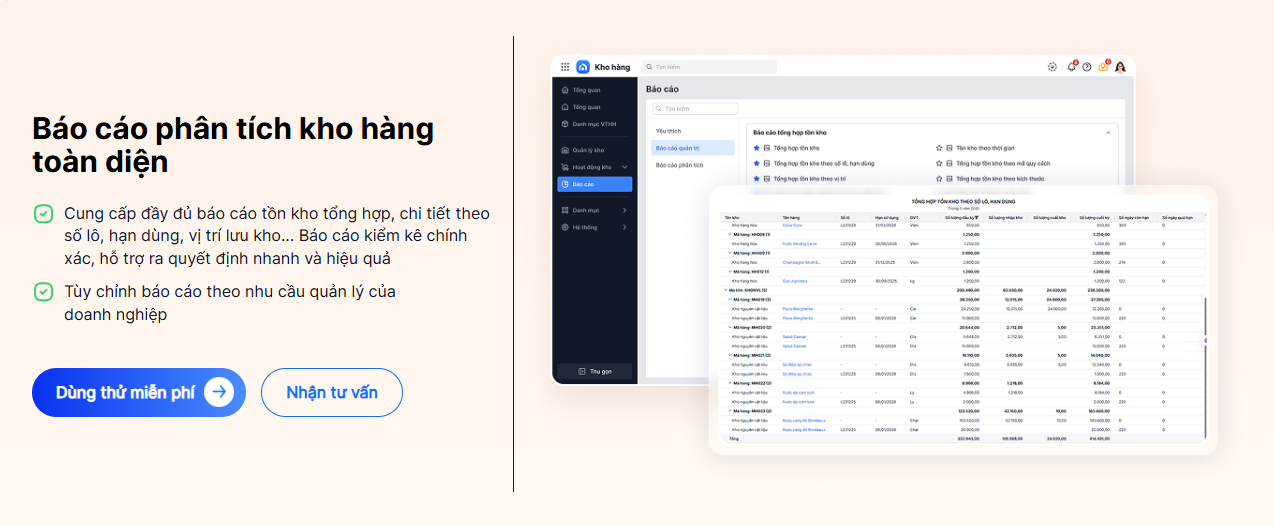 Báo cáo kho hàng trên MISA AMIS Kho hàng