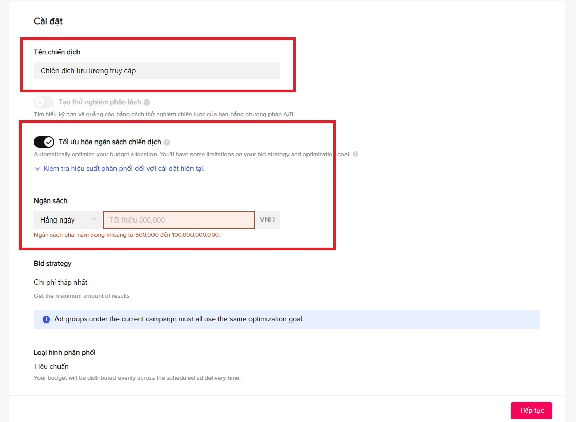 Bước 3: Đặt tên chiến dịch và lên ngân sách quảng cáo 