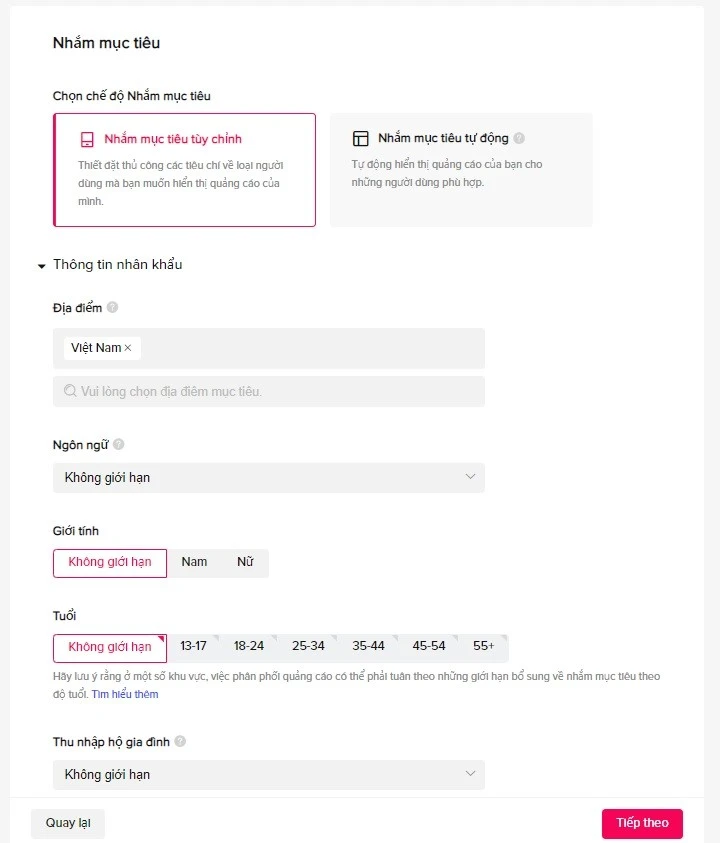 Bước 5: Chọn đối tượng mục tiêu